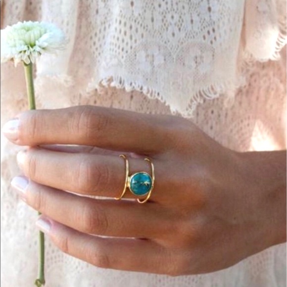 Vintage Gold Double Band Turquoise Ring - Picture 2 of 9